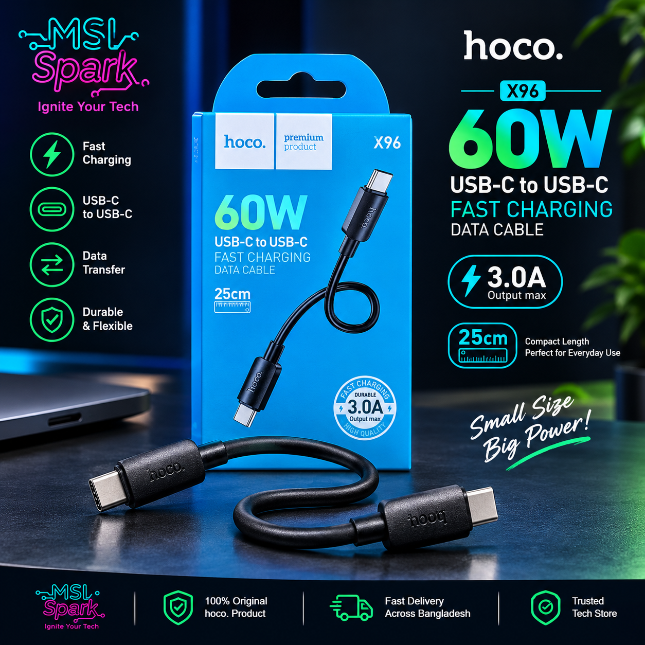 Hoco X96 60W C to C Cable — 25cm